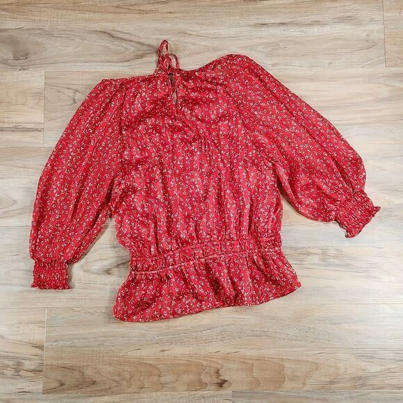 🔹️Lush Red Floral & Metallic Gold Print Blouse Small - Picture 4 of 14